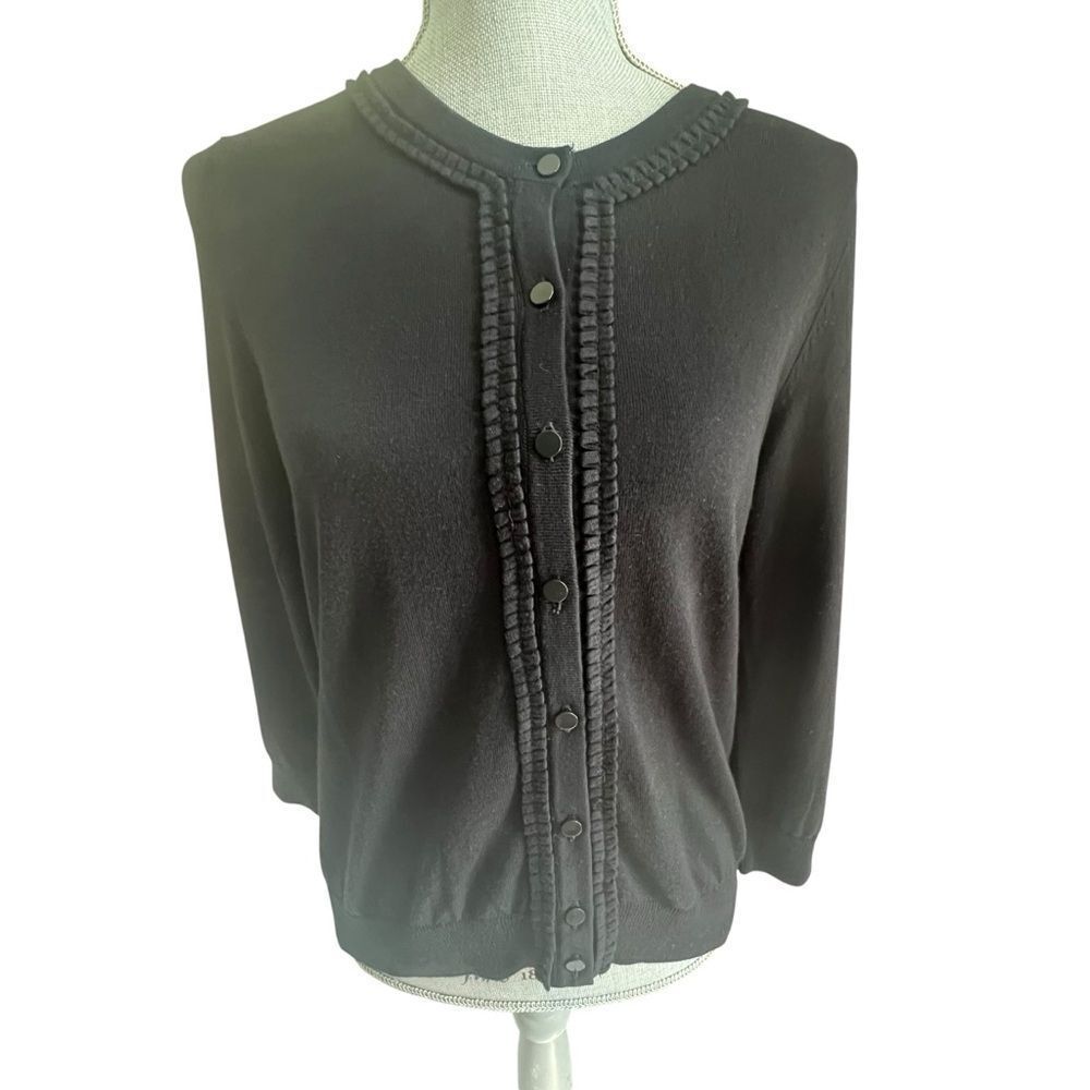 Talbots Ruffle Trim Cardigan Sweater size MP Black Button Up Cotton Blend